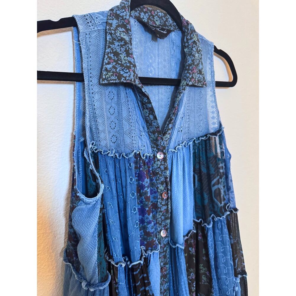 Boho Western Festival Floral Patchwork Tank Top NEW Sleeveless Indigo Blue Large - Picture 4 of 8